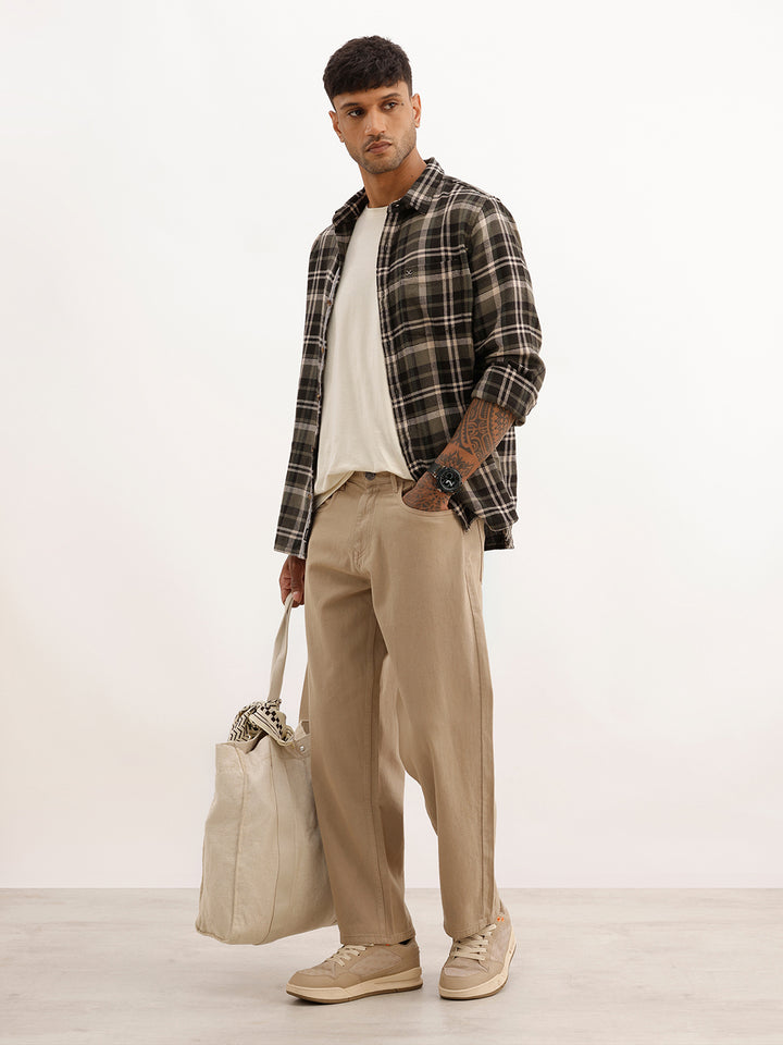 Solid Loose Fit Denim Jeans | Khaki