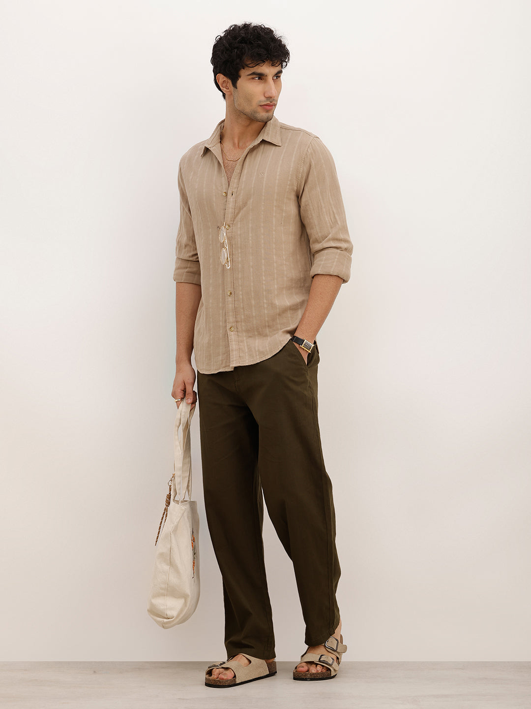 Slim Fit Textured Striped Full Sleeve Shirt | Khaki