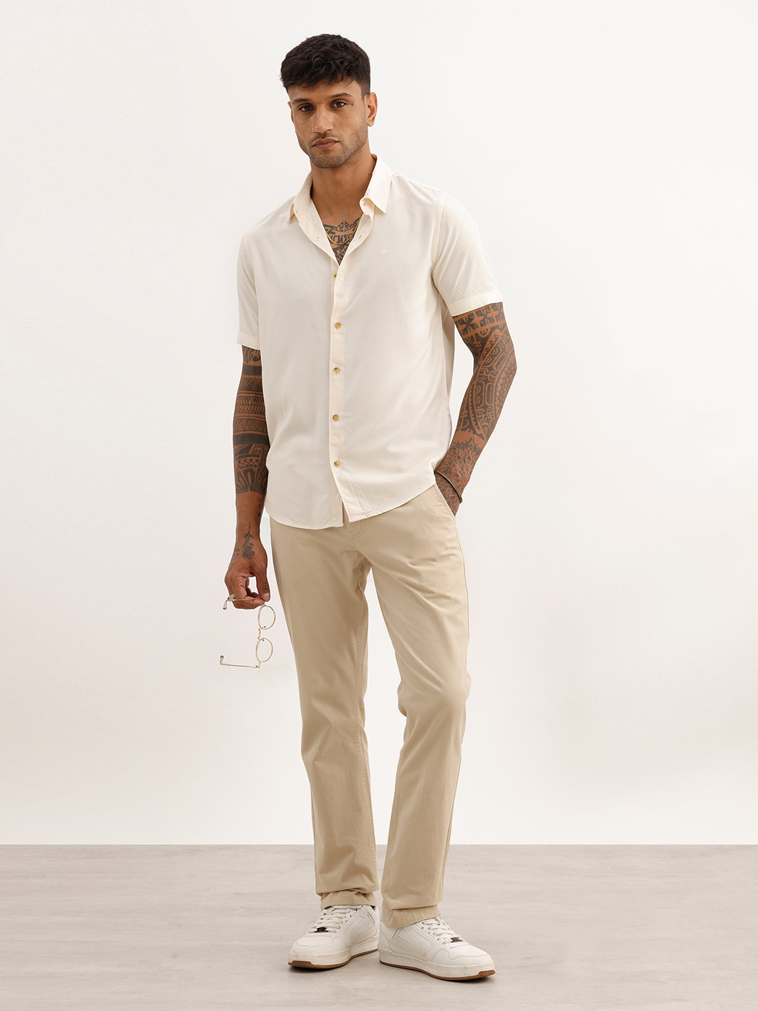Solid Slim Fit Half Sleeves Shirt | Beige