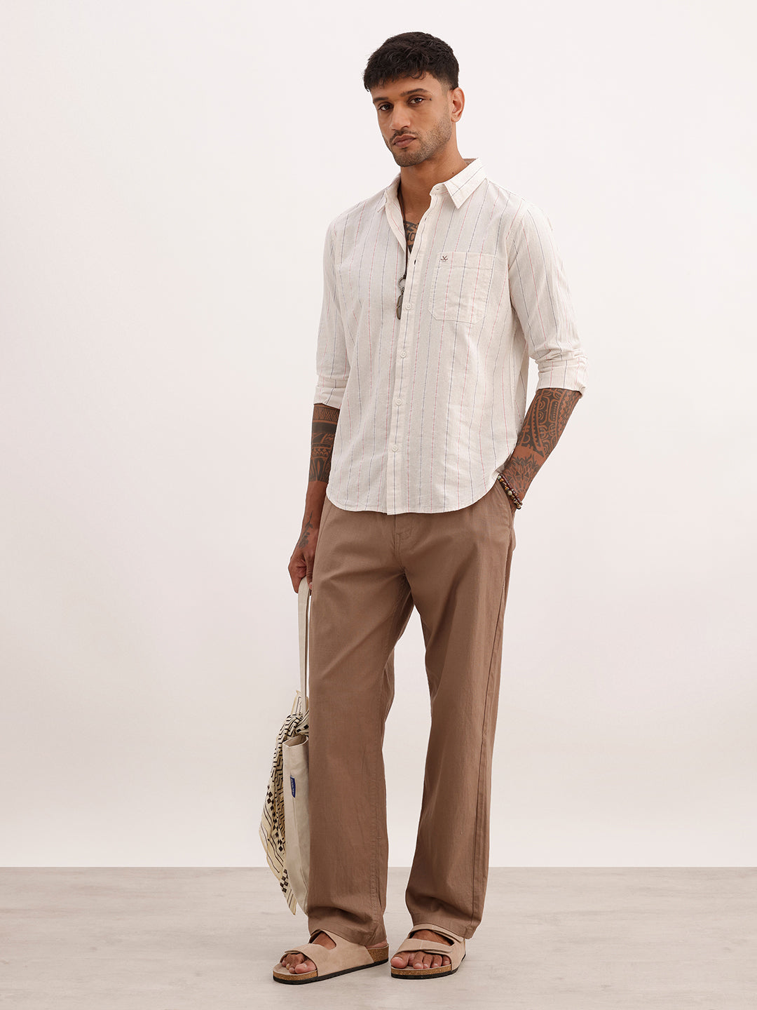 Classic Striped Linen Blend Shirt | Beige | WWSH0696MAZ