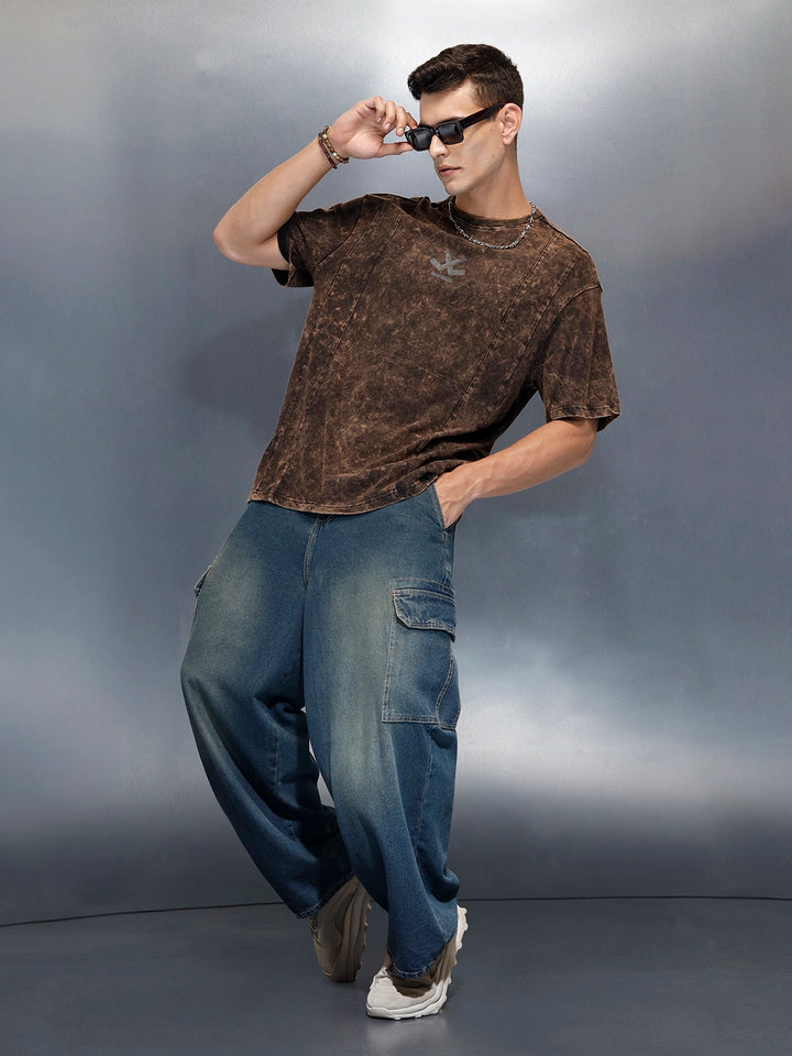 Acid Washed Oversized Fit Worgn Printed T-Shirt | Black