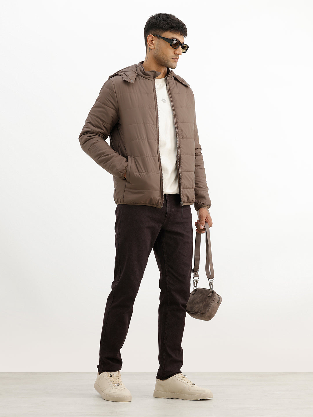 Solid Regular Fit Puffer Jacket | Brown