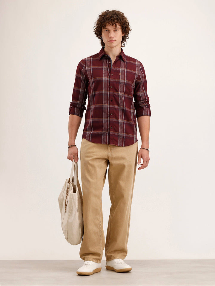Slim Fit Checkered Shirt | Maroon