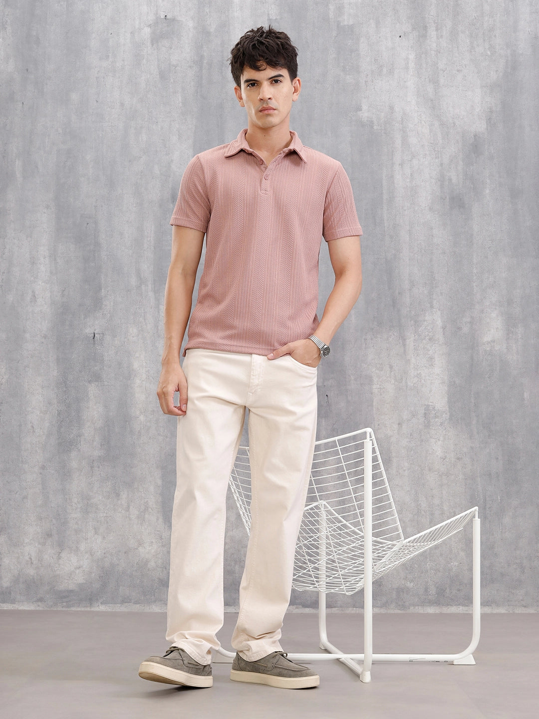 Jacquard Textured Knit Polo In Slim Fit  |  Pink