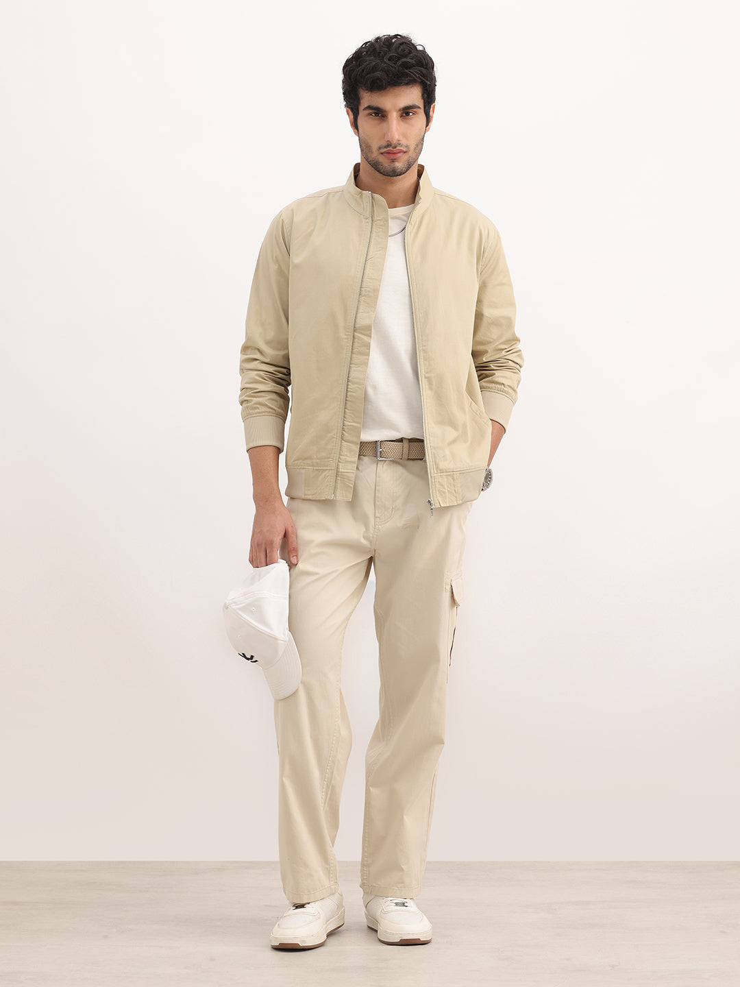 Solid Regular Fit Zipper Jacket | Beige