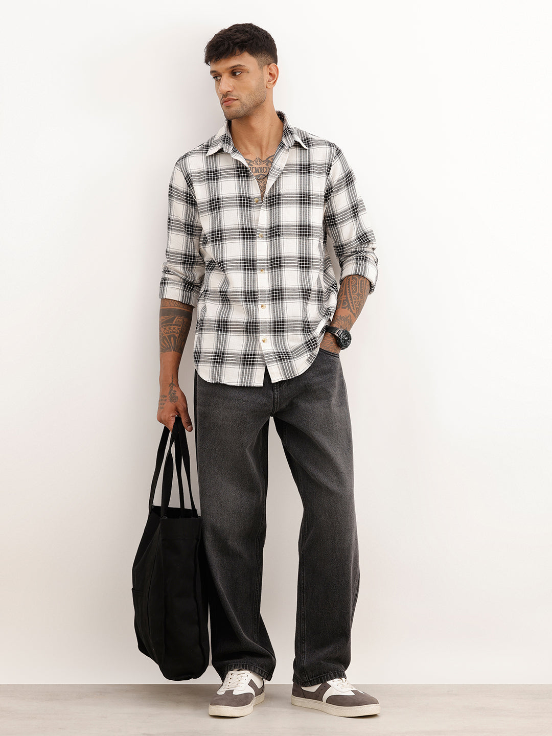 Regular Fit Checkered Full Sleeve Shirt | White