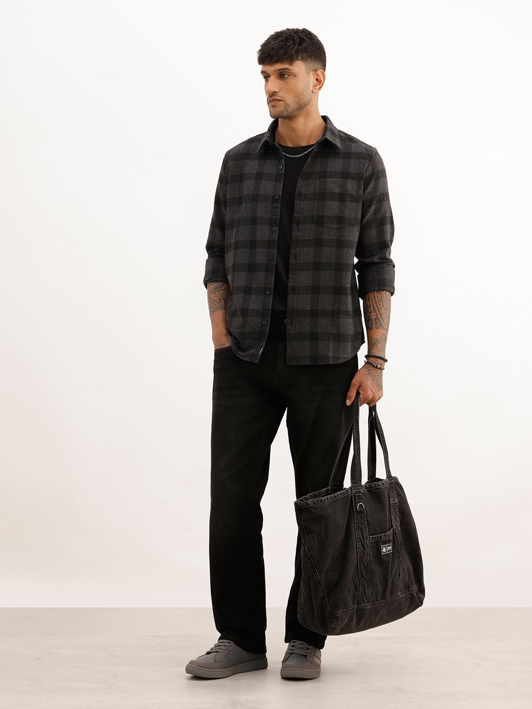 Slim Fit Flannel Full Sleeve Shirt | Black