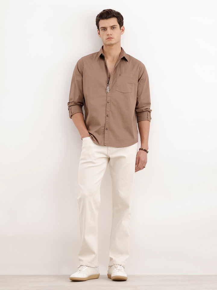 Regular Fit 100% Cotton Solid Shirt | Khaki