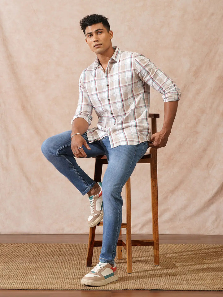 Textured Checks Slim Fit Shirt | Light Brown