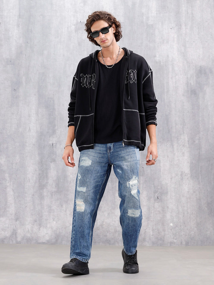Oversized Fit Zip-Through Hoodie With Contrast Stitch | Black