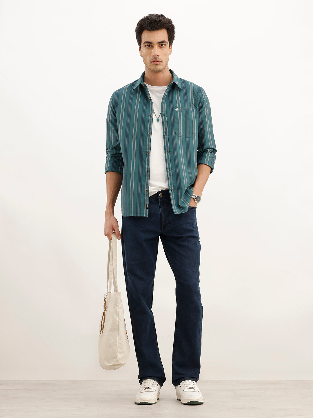 Regular Fit Full Sleeve Striped Shirt | Teal