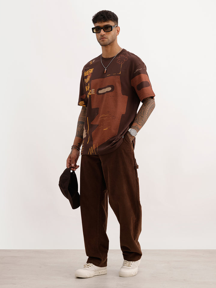 Oversized Placement Printed T-Shirt | Brown