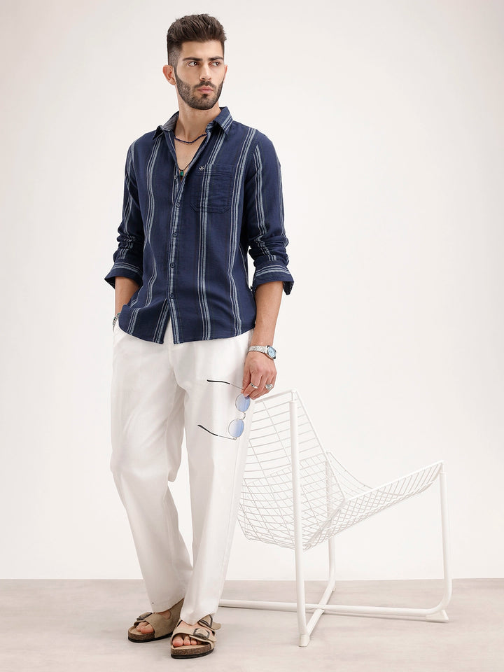Men's Casual Striped Regular Fit Shirt  | Navy Blue