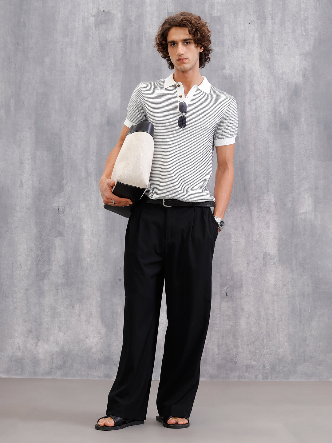 Flat Knit Striped Pattern Polo T-Shirt| White