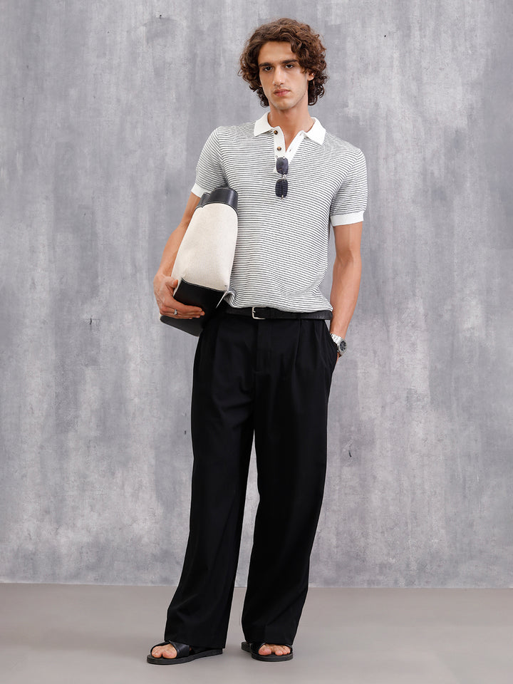 Flat Knit Striped Pattern Polo T-Shirt| White