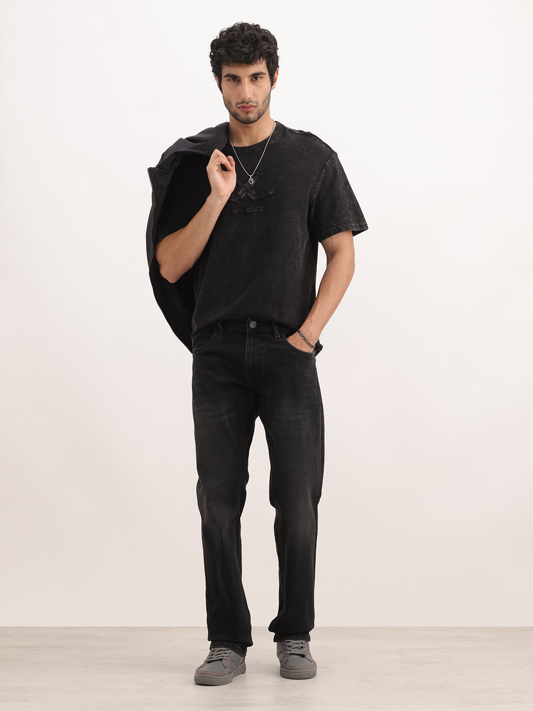 Washed Straight Fit Denim Jeans | Charcoal