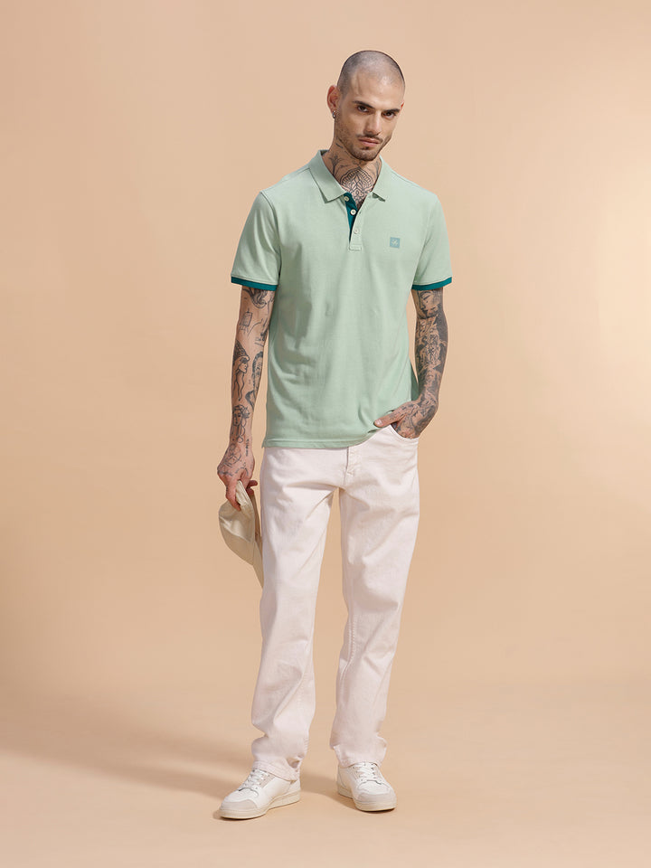 Contrast Rib Pique Polo T-Shirt | Beige