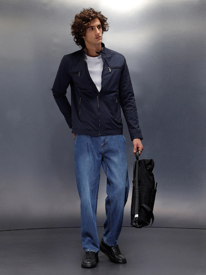Nylon Regular Fit Classic Biker Jacket | Navy Blue