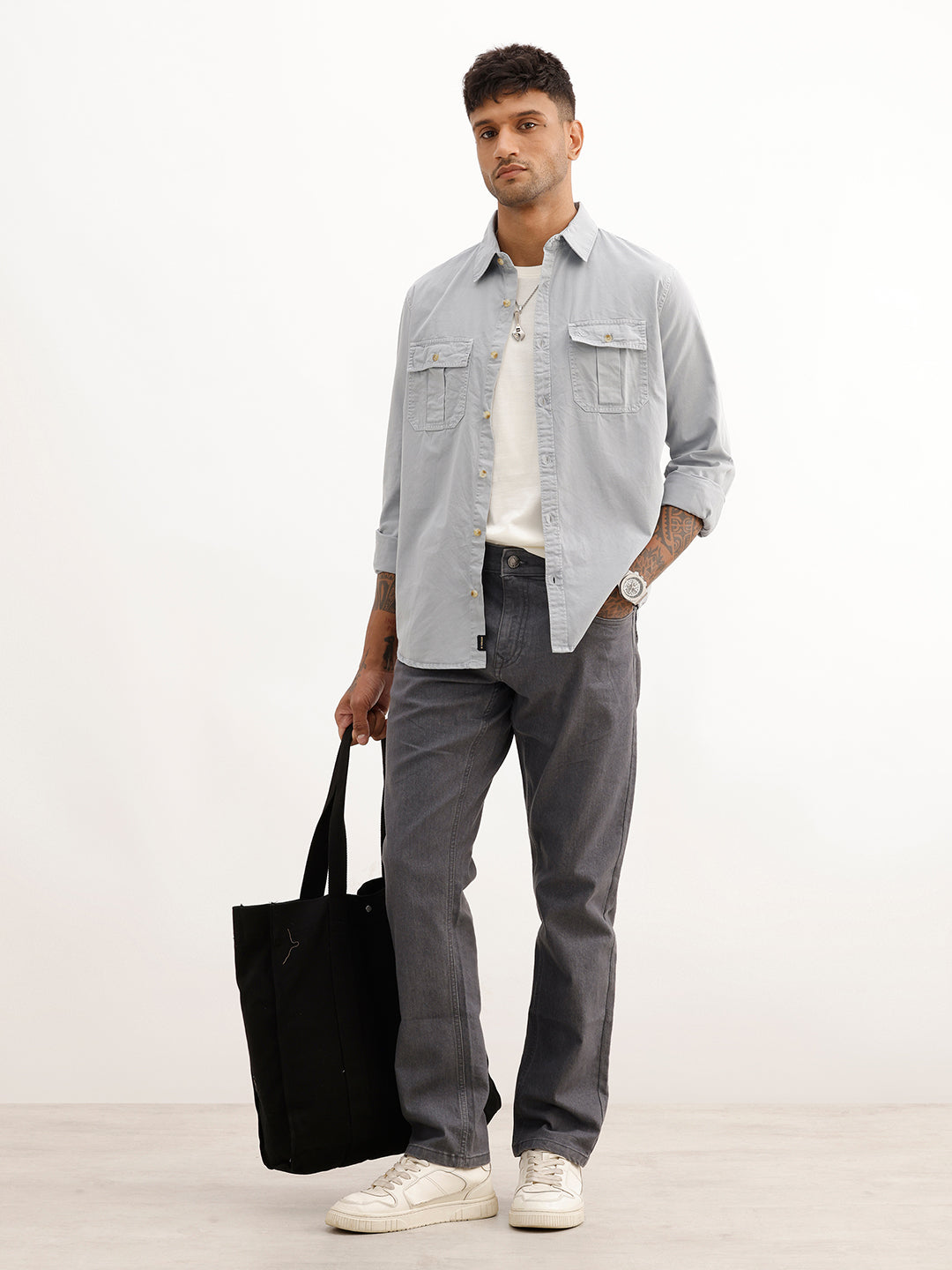Solid Regular Fit Double Pocket Shirt | Grey