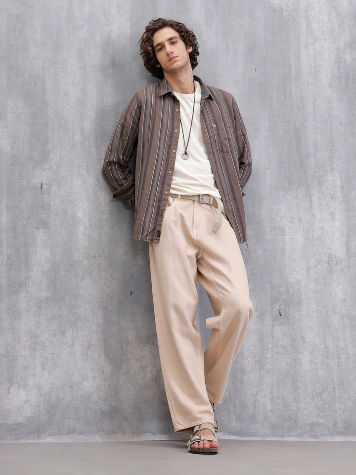 Textured Stripes Slim Fit Shirt | Brown