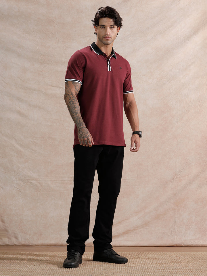 Stripped Collar Slim Fit Polo T-Shirt | Maroon