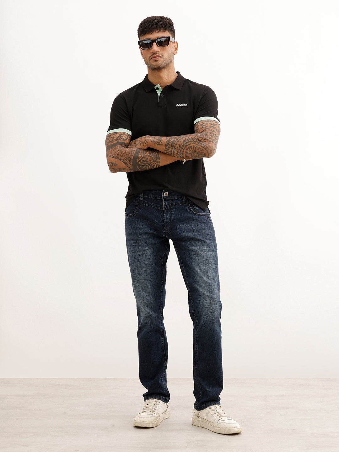 Solid Contrast Sleeve Polo T-Shirt | Black