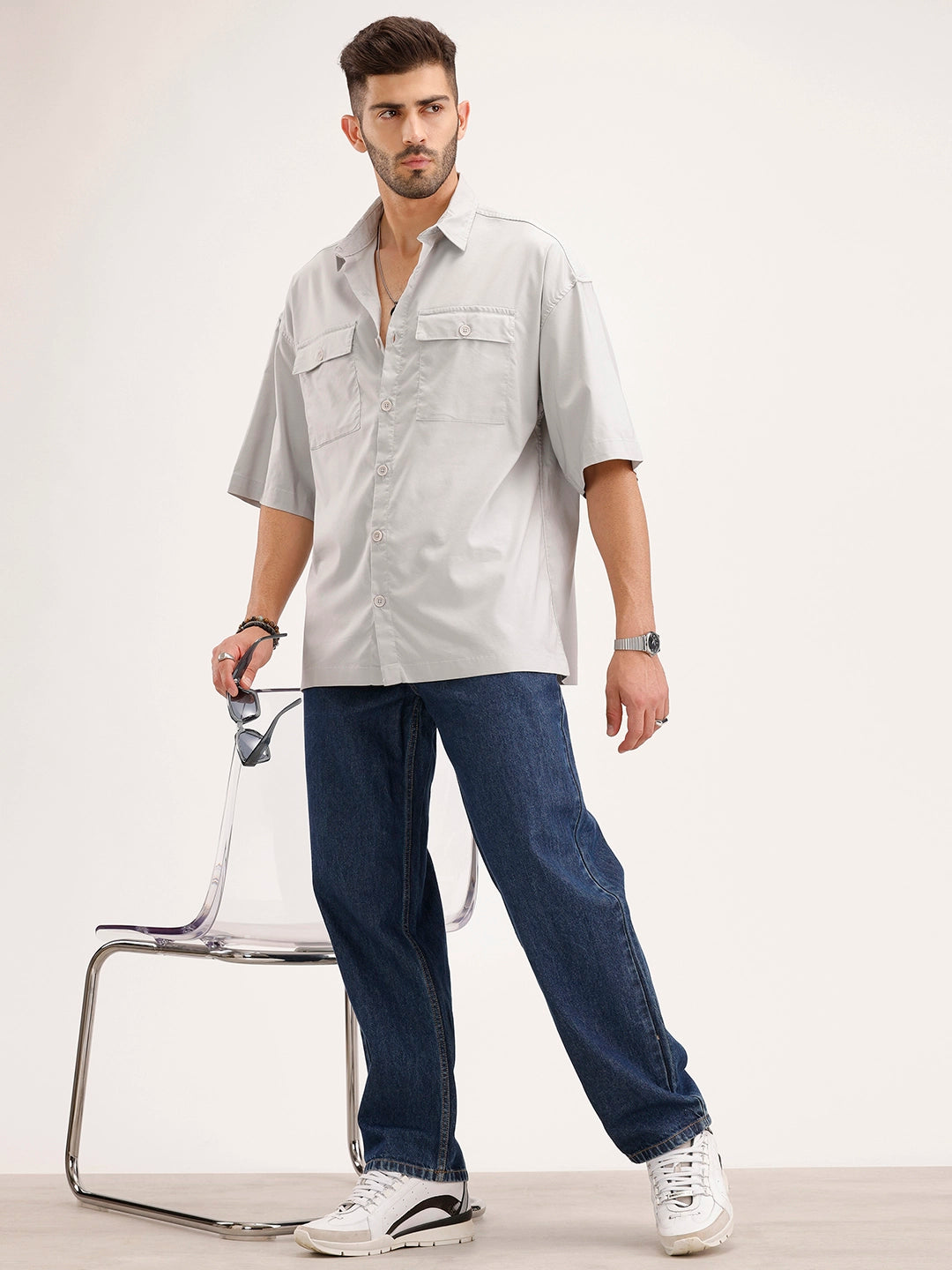 Oversized Double Pocket Half Sleeve Shirt | Grey