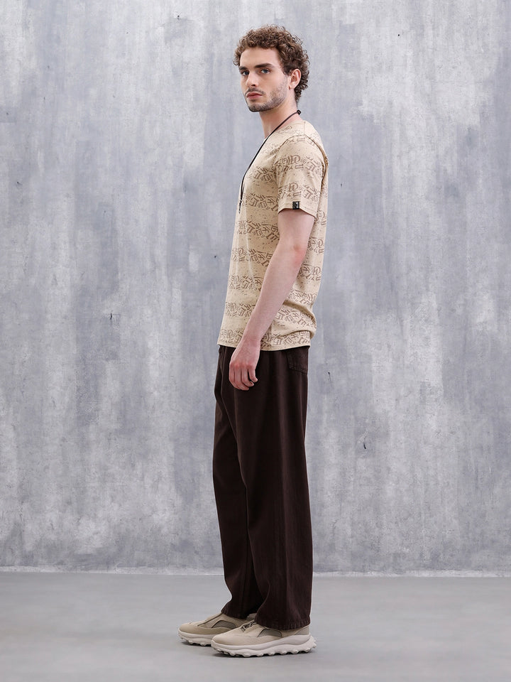 Ancient Script Striped AOP T-Shirt | Khaki