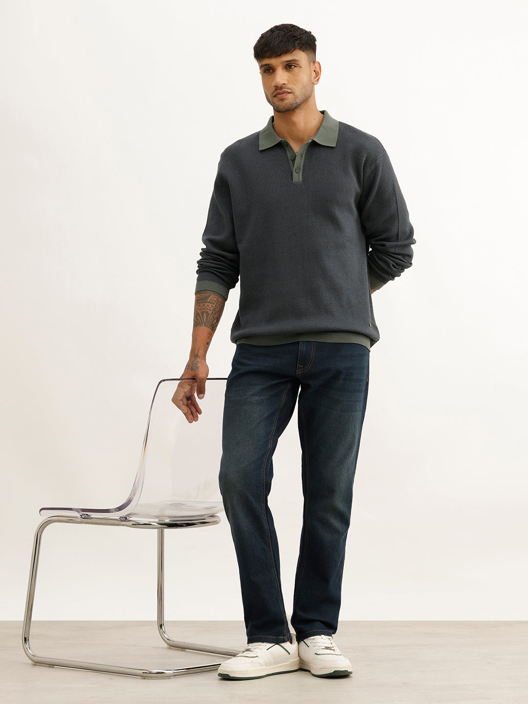 Classic Contrast Collar Knitted T-Shirt | Blue