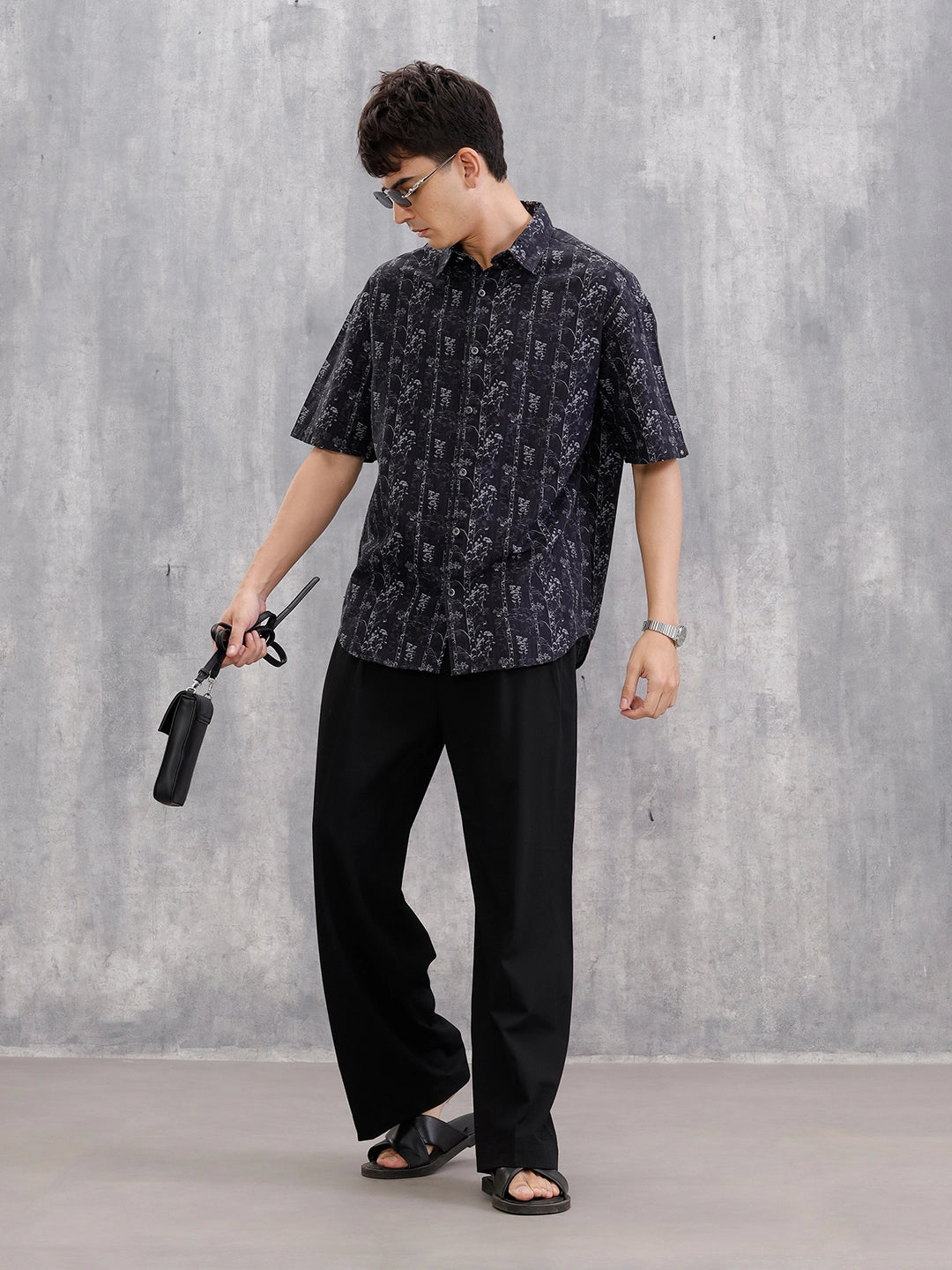 Nature Inspired 100% Cotton Aop Printed Oversized Shirt  |  Black