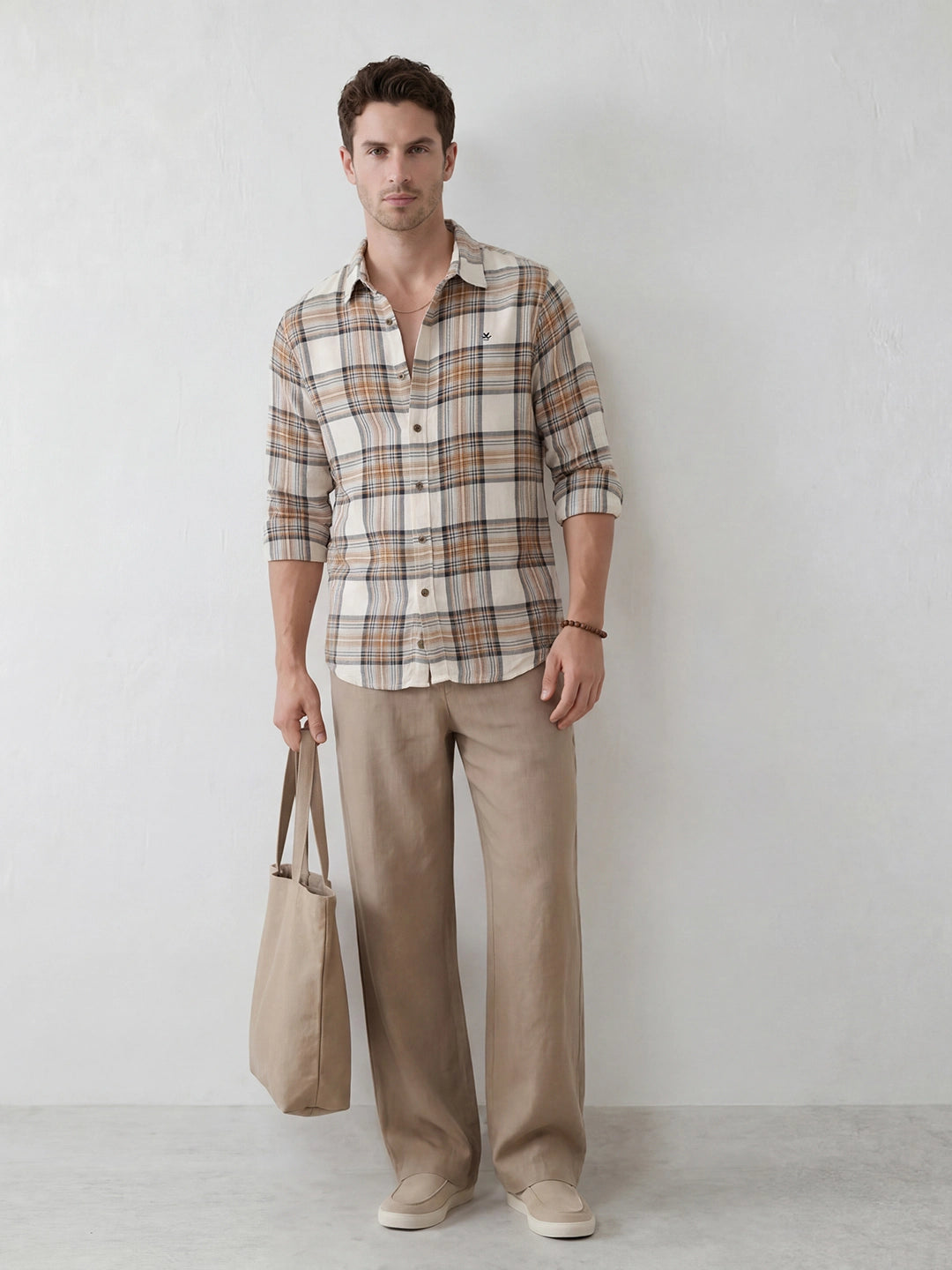 Classic Slim Fit Checkered Shirt | Beige