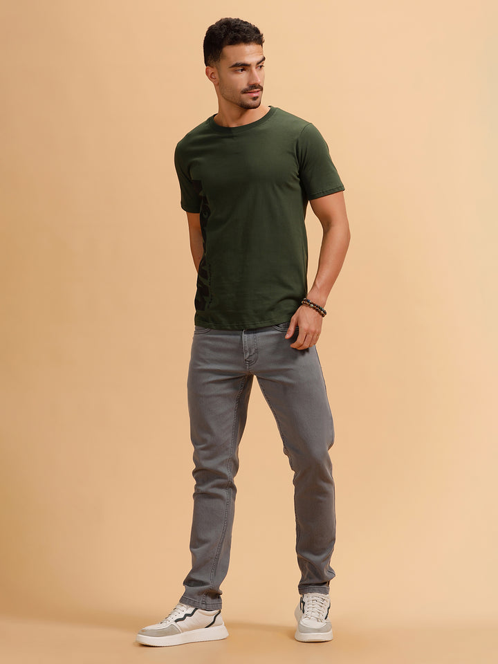 Vertical Typography Printed T-Shirt | Olive