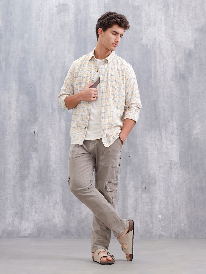 Men Checkered Pattern Slim Fit Shirt  | Beige