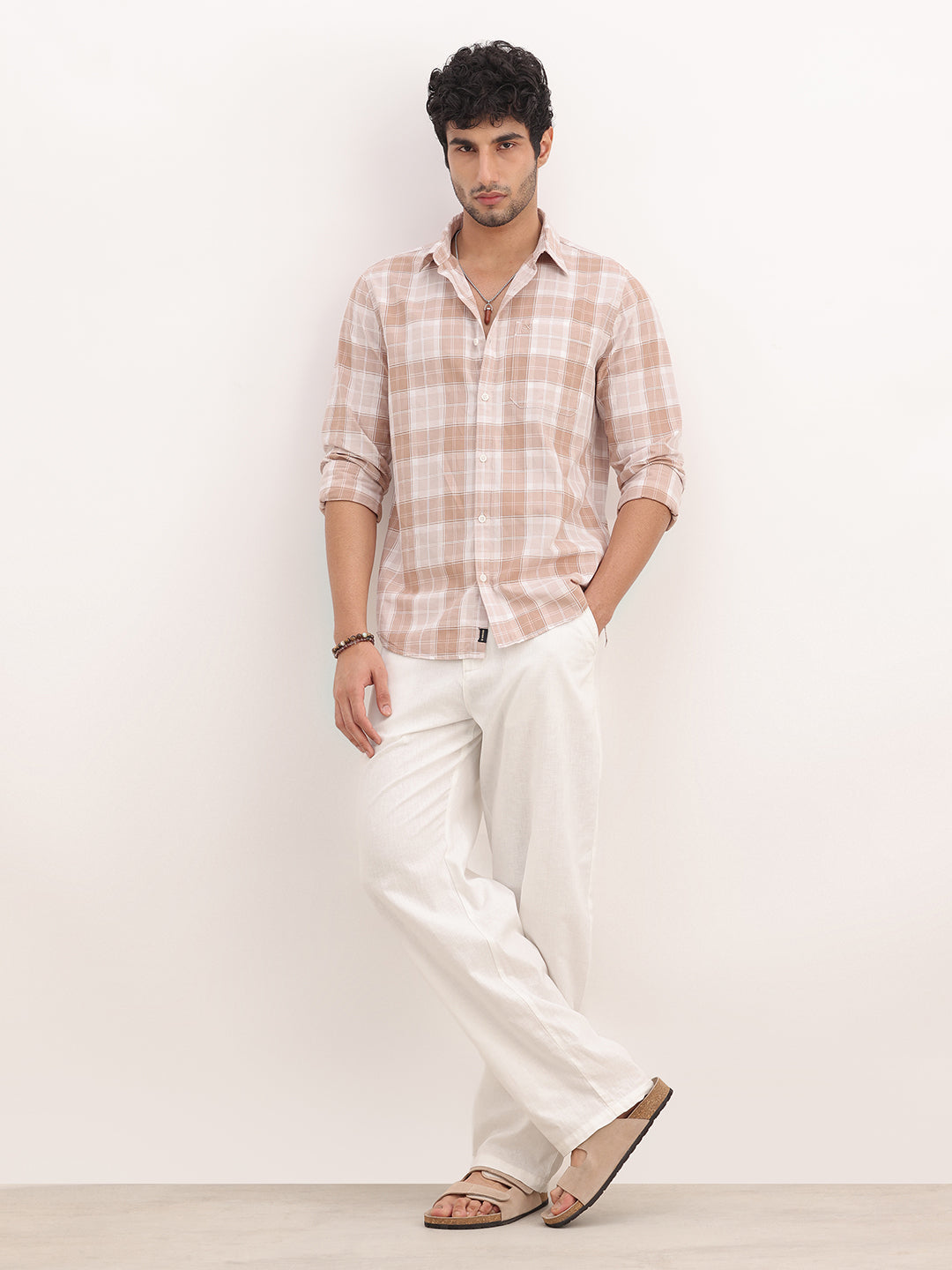 Slim Fit Checkered Full Sleeve Shirt | Beige