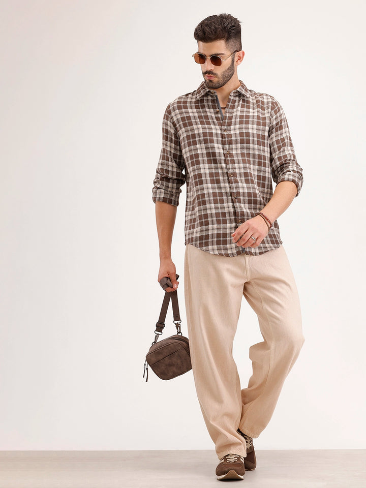 Slim Fit Linen Blend Herringbone Checkered Shirt | Brown