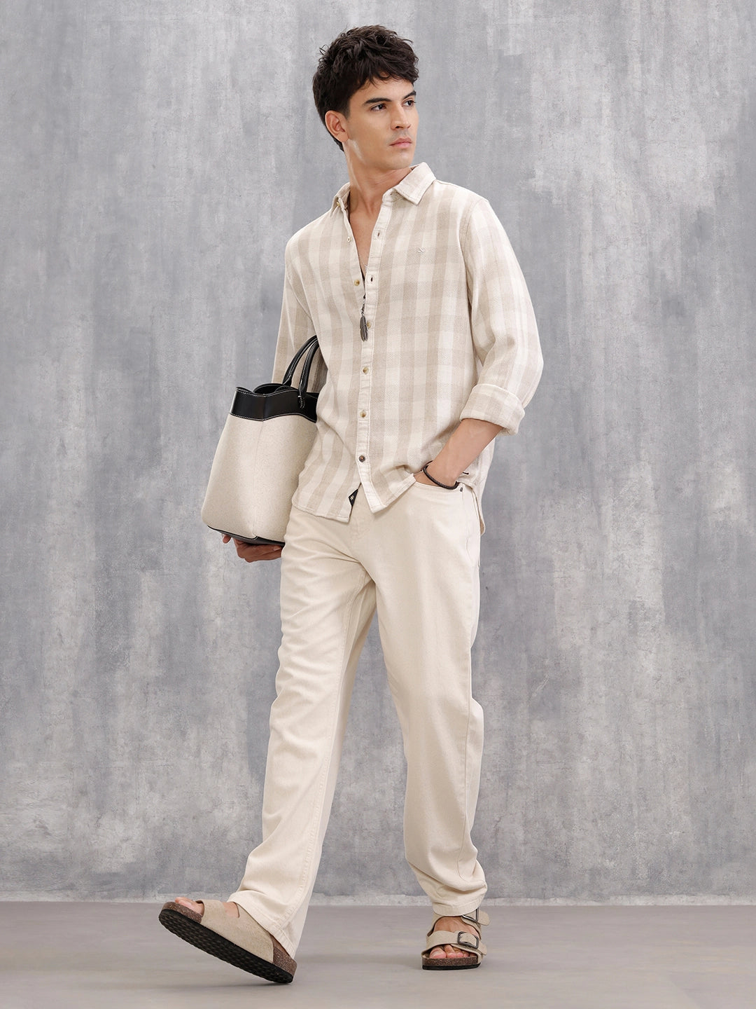 Herringbone Check Shirt In Natural Tones  |  Beige