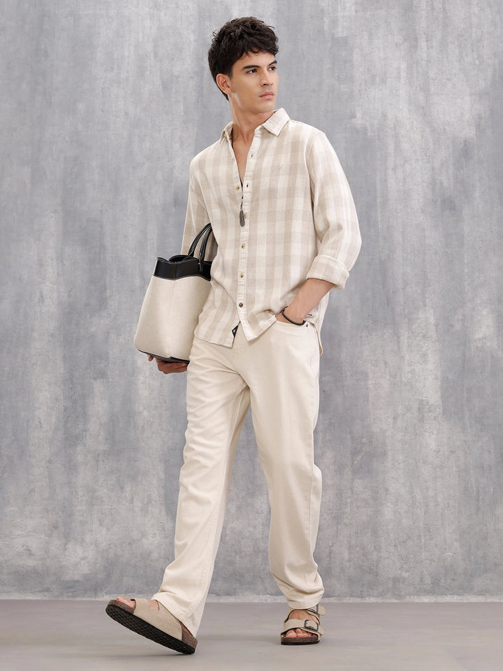 Herringbone Check Shirt In Natural Tones  |  Beige