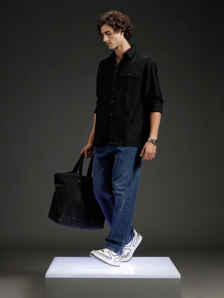 Men's casual oversized fit double pocket shirt | Black