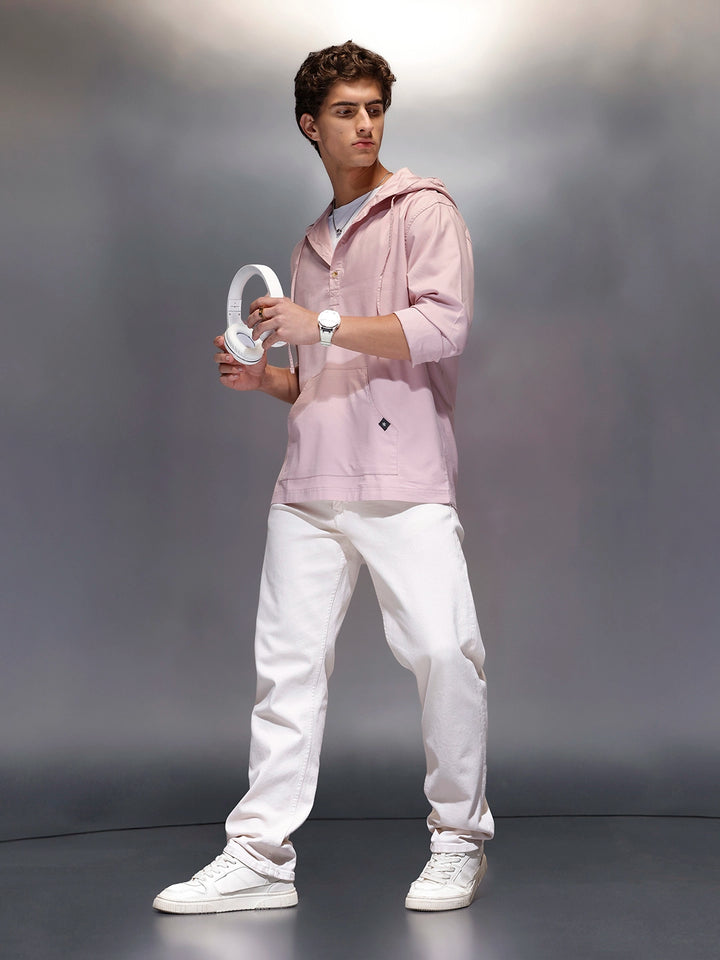 Men's Regular Fit Half Placket Hooded Shirt  |  Pink