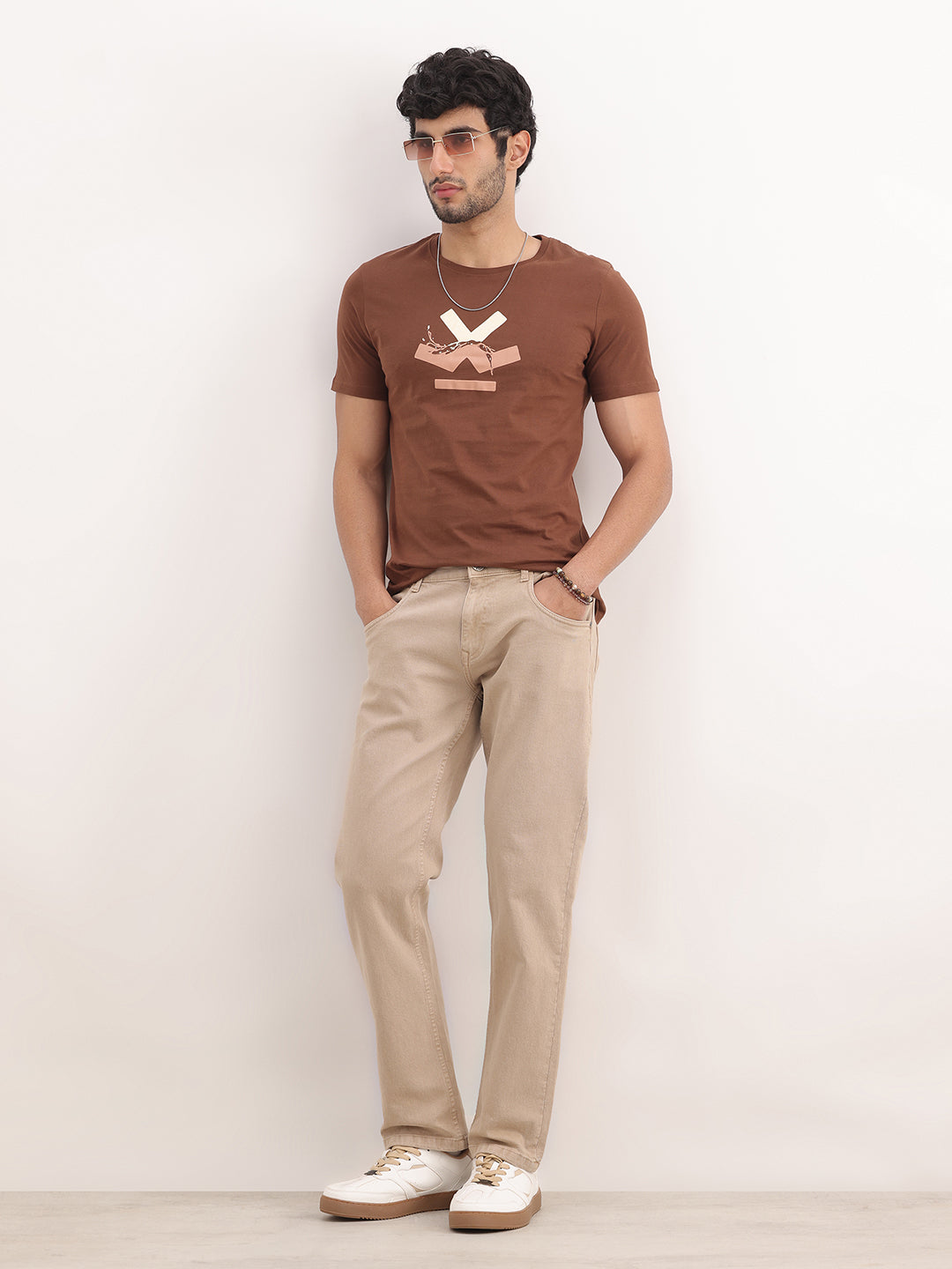 Classic Slim Fit Placement Printed T-Shirt | Brown