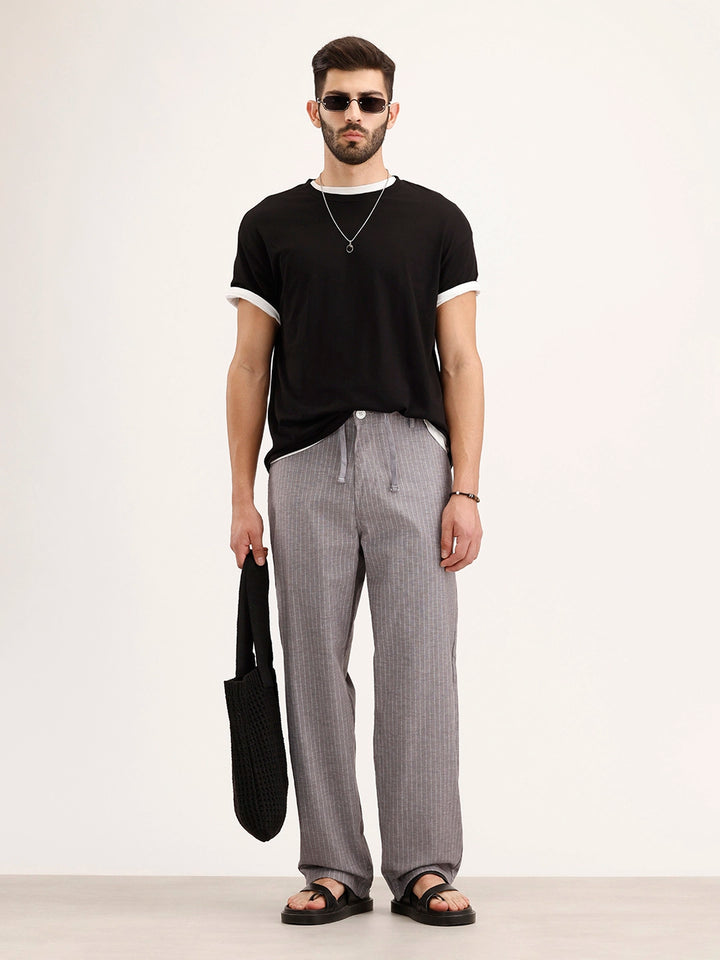 Loose Fit Linen Blend Striped Trouser | Grey