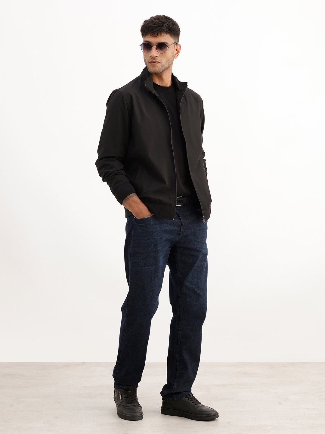 Solid Regular Fit Zipper Jacket | Black