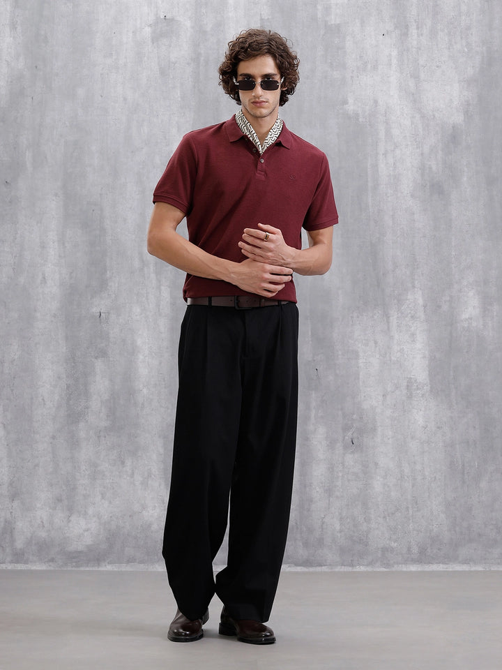 Solid Crinkle Texture Polo T-Shirt | Maroon