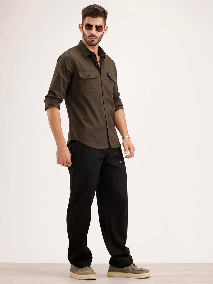 Slim Fit Double Pocket Shirt | Dark Green