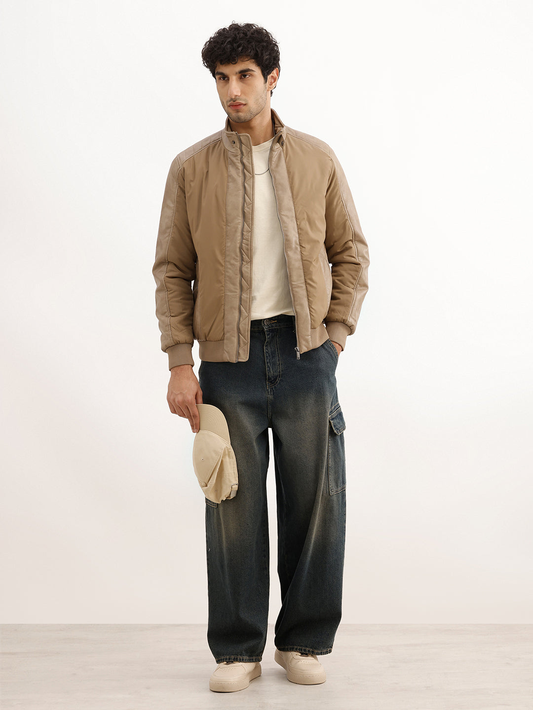 Slim Fit Pannel Zipper Jacket | Beige
