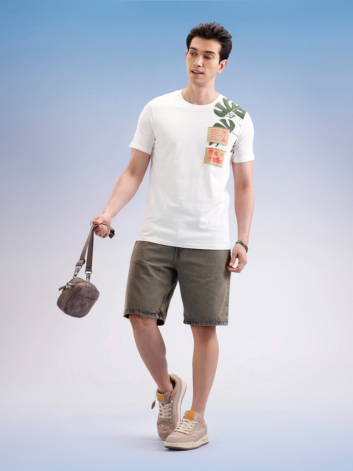 Slim Fit Placement Patch Printed T-Shirt  | Off White