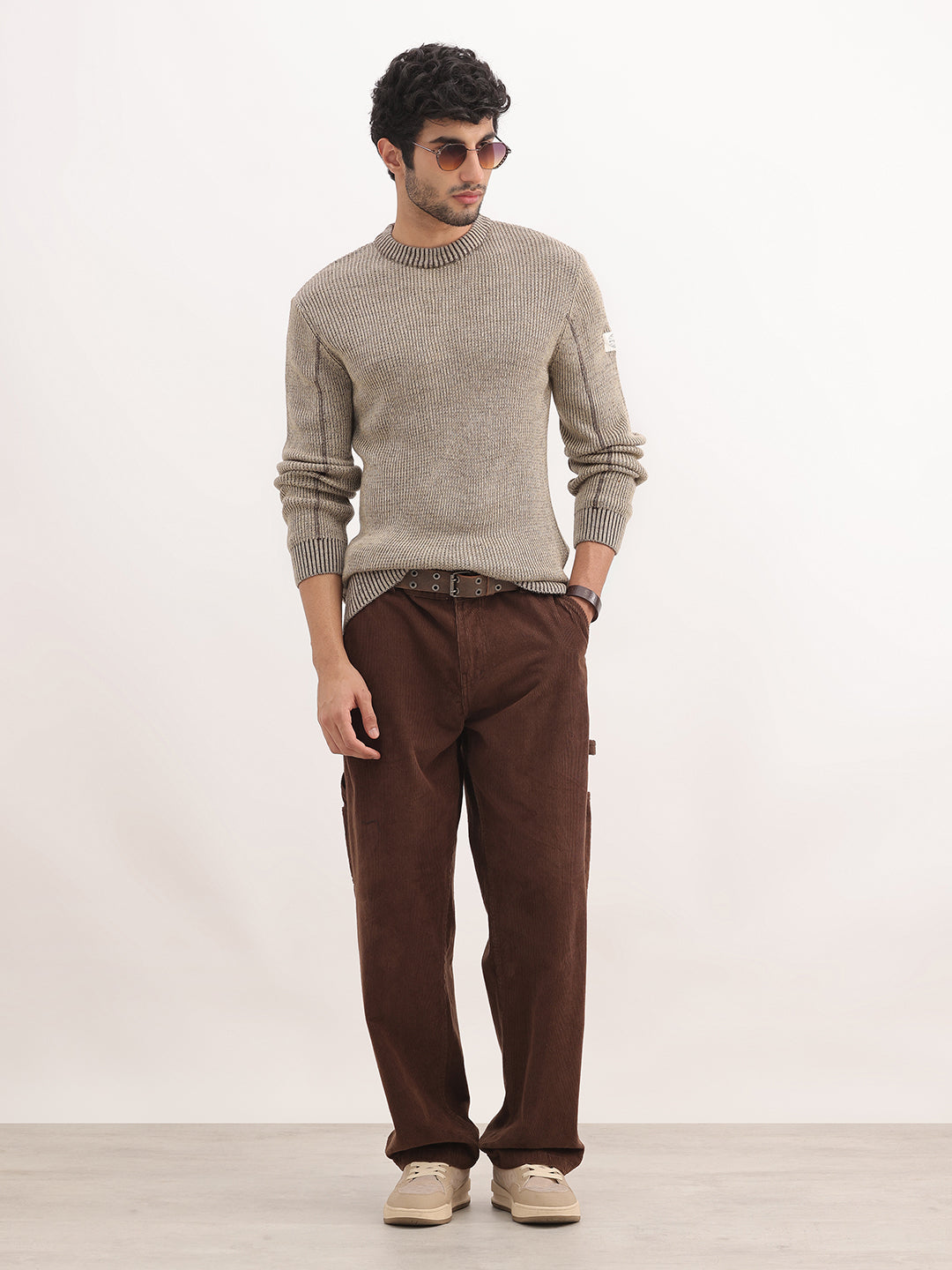Solid Regular Fit Knitted Sweater | Beige