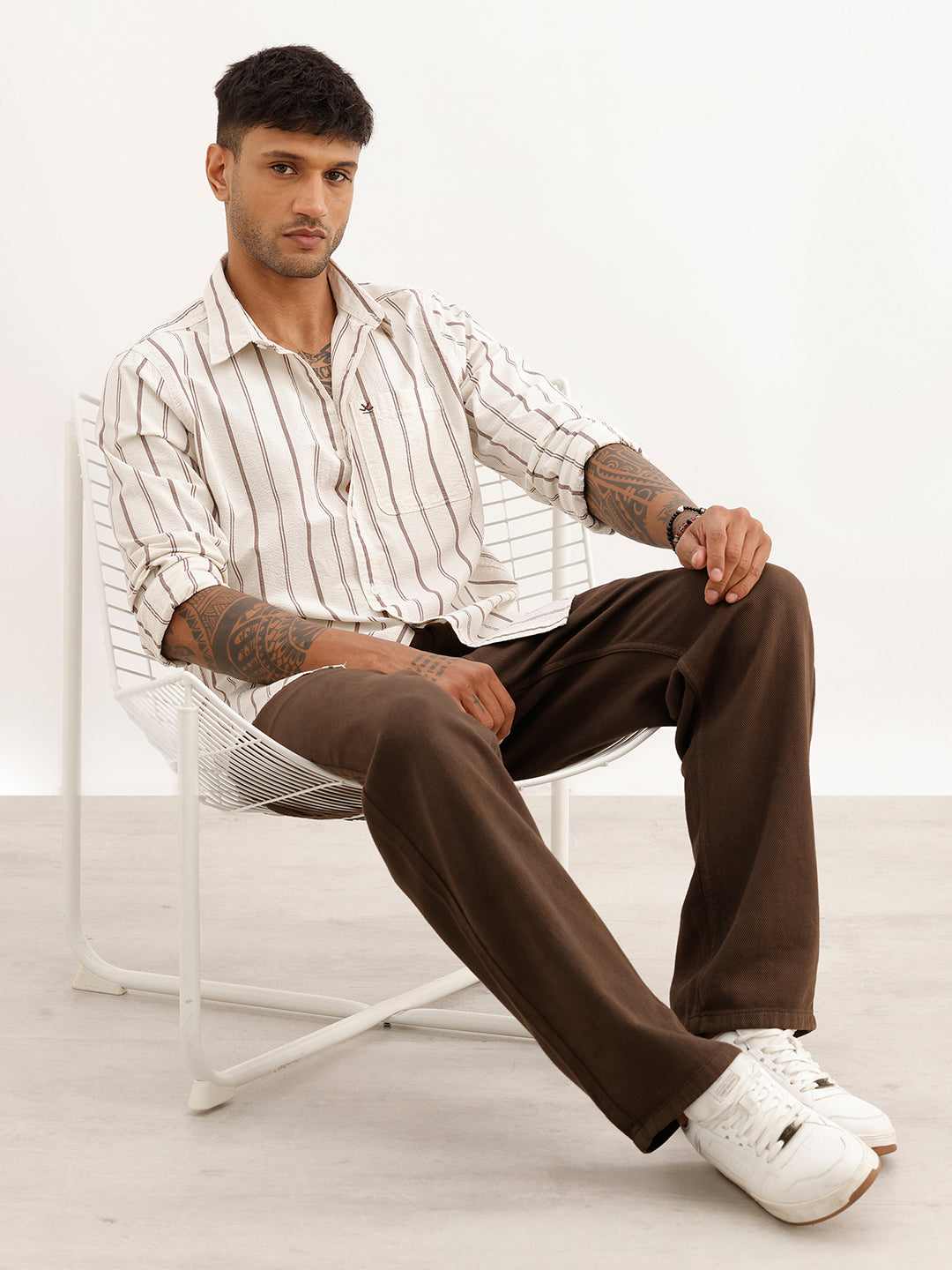 Textured Slim Fit Striped Shirt | Off White