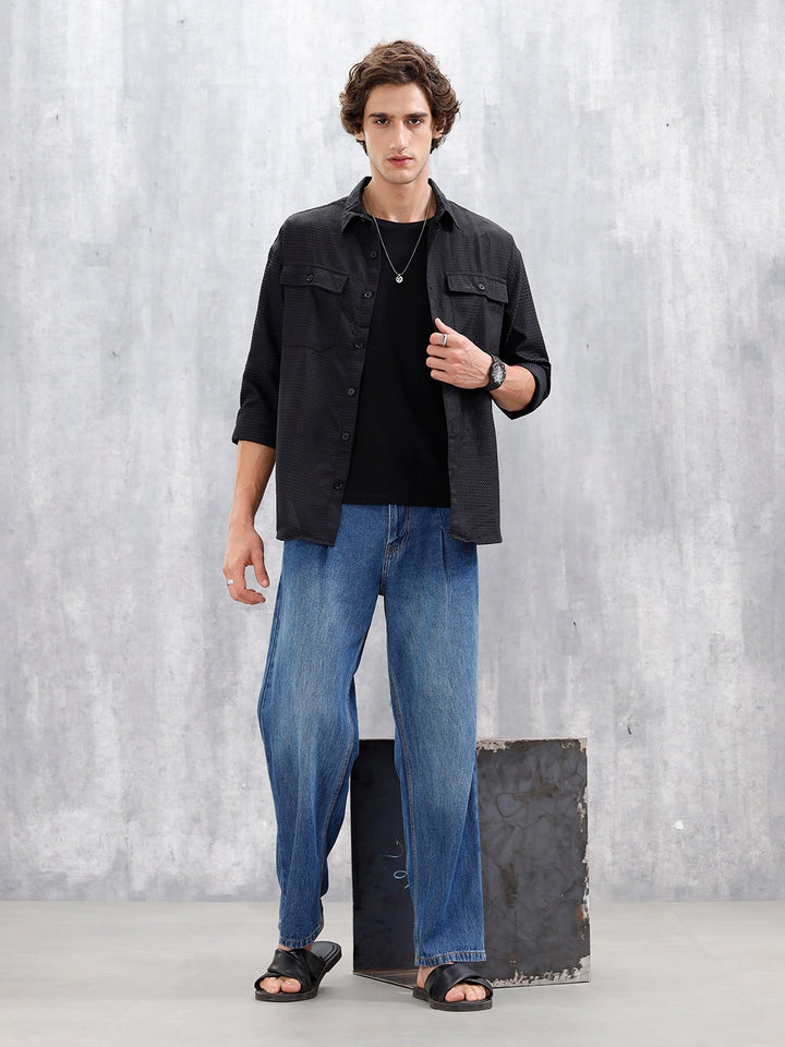 Wrogn Oversized Double Pocket Textured Shirt For Men's | Black