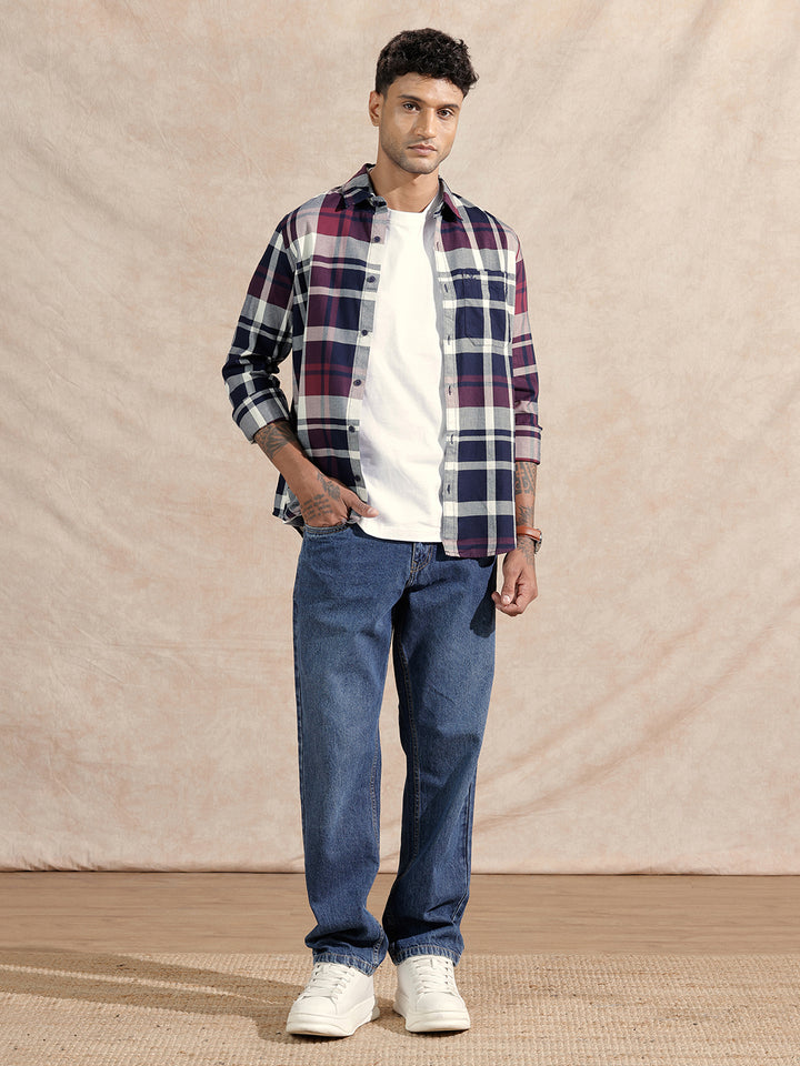 Checked Twill Slim Fit Shirt | Maroon